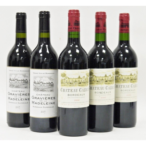 698 - Three bottles of Chateau Cazeau Bordeaux 2000 and two bottles of Chateau Gravieres de la Madeleine B... 