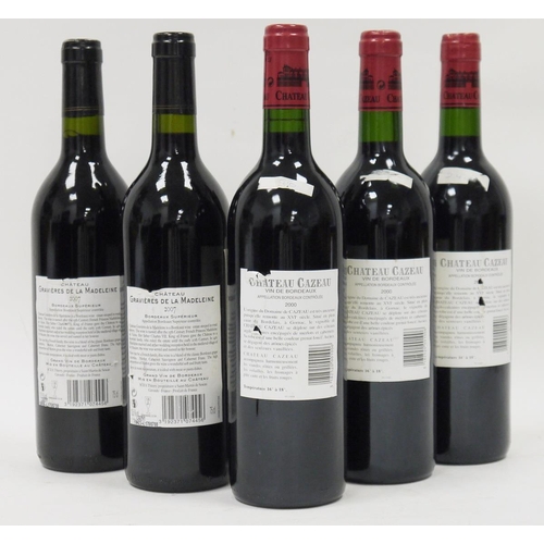 698 - Three bottles of Chateau Cazeau Bordeaux 2000 and two bottles of Chateau Gravieres de la Madeleine B... 