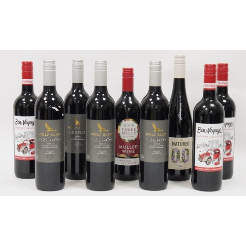 721 - Nine assorted bottles of wine including three bottles of Bon Voyage alcohol free Cabernet Sauvignon,... 