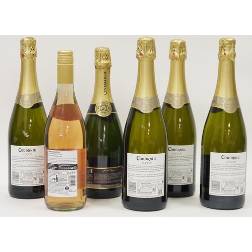 723 - Six bottles of assorted sparkling wine including four Codorniu Cava 2011, Lambrusco Rose and Lindaue... 