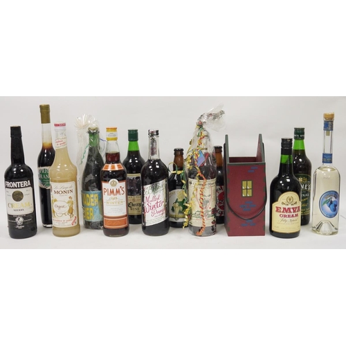 725 - Collection of fortified wines, punch and beer to include Stones original ginger wine, Croft original... 