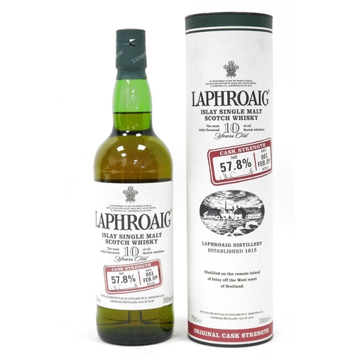 742 - Laphroaig Islay single malt 10 year old Scotch Whisky cask strength, batch 001, bottled Feb 09, 70cl... 