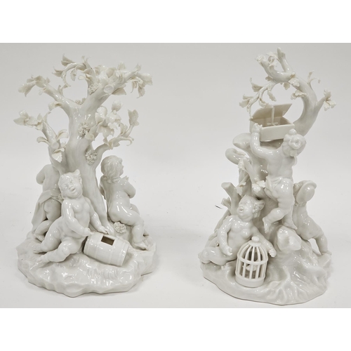 81 - Pair of Early to mid 20th century Nymphenburg porcelain figure groups, both white glazed, the first ... 