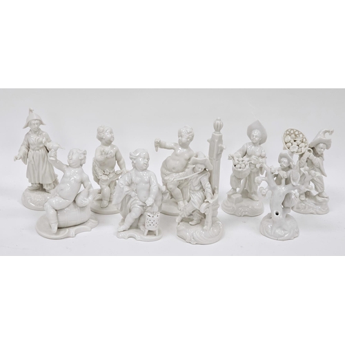 81a - Collection of seven mid 20th century Nymphenburg porcelain figures, all white glazed, including four... 