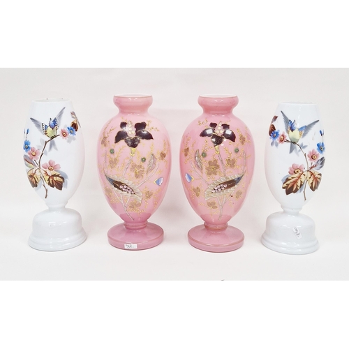 82 - Pair of late 19th century Contnental pink and white cased glass vases of baluster form with enamelle... 