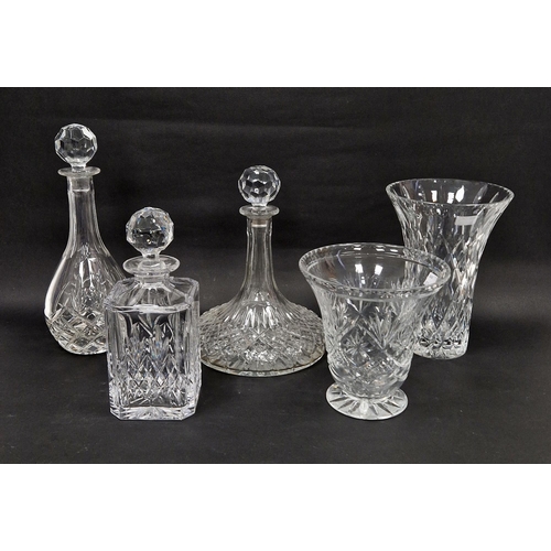 84 - Five items of cut glass to include a Royal Brierley vase with flared rim, 23.5cm high, a ships decan... 