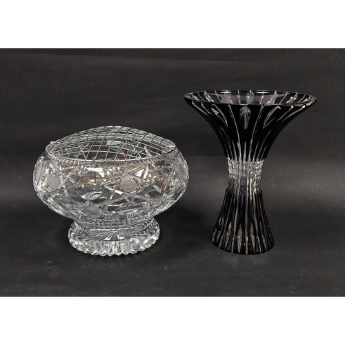 85 - Royal Brierley cut glass rose bowl with metal flower frog, 26cm diameter, together with a black and ... 