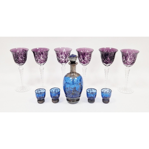 87 - 19th century cobalt blue glass decanter and shot glass set with silver overlay, the decanter with de... 