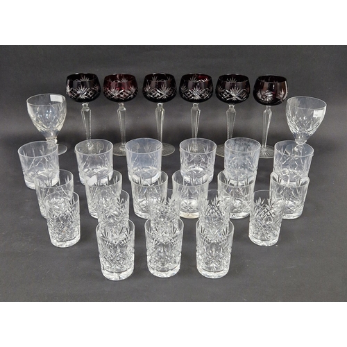 93 - Quantity of cut glass to include a set of six Bohemian flash cut hock glasses with ruby red bowls, a... 