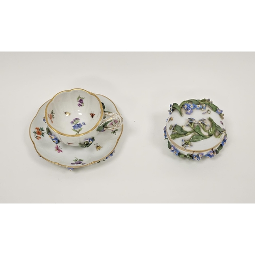 2 - Late 19th century Meissen flower-encrusted teacup and saucer and a circular domed box and cover, blu... 