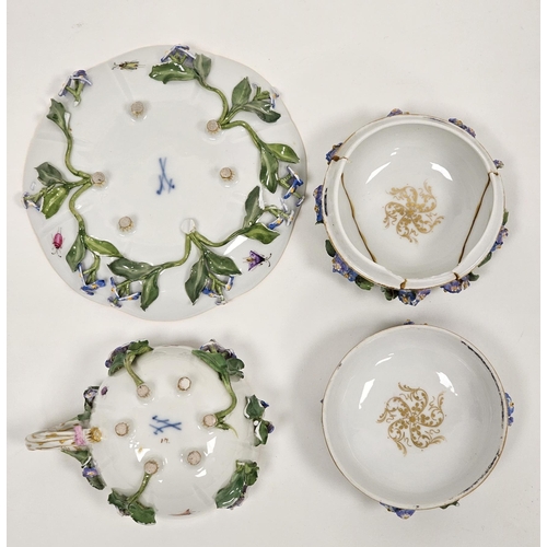 2 - Late 19th century Meissen flower-encrusted teacup and saucer and a circular domed box and cover, blu... 