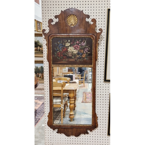 1246 - Regency style mahogany wall mirror, with gilt scallop shell motif, painted still life panel above th... 