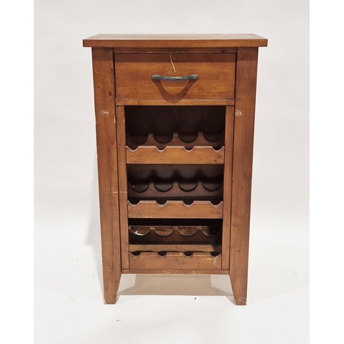 1109 - Modern stained wooden side cabinet with single drawer over three wine bottle shelves, 100cm high x 6... 