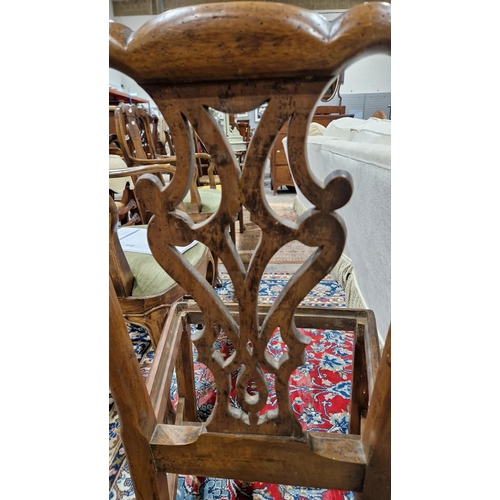 1231 - Two Georgian mahogany country dining chairs with pierced carved splats, largest 55cm wide by 93cm hi... 