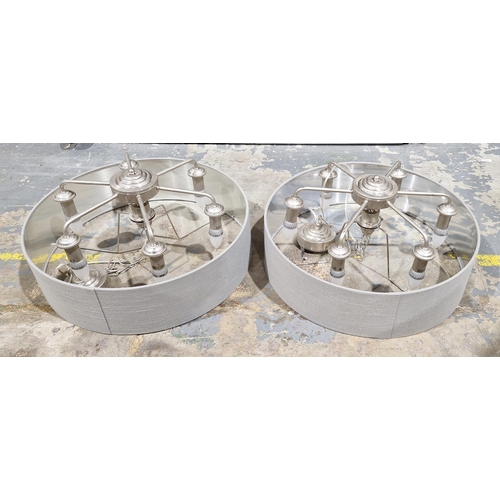 1266 - Pair of Laura Ashley six branch central light fittings, silvered finish with grey fabric shades, eac... 