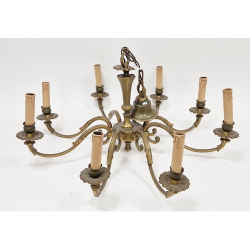 1270 - Large gilt brass electrolier with eight foliate scroll branches with faux candle sconces, suspended ... 