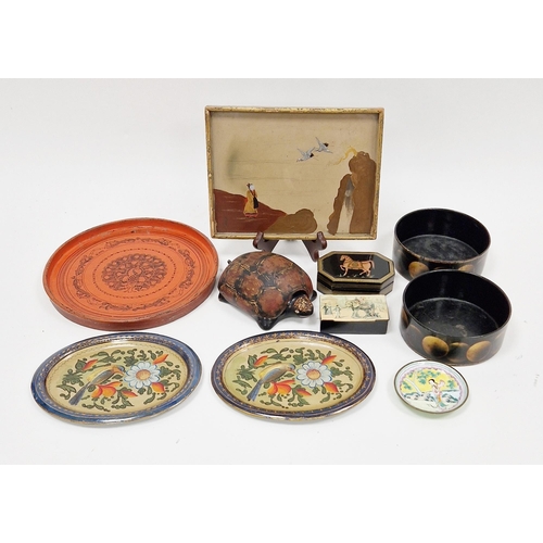 136 - Collection of lacquer ware including two black and gilt Regency-style wine coasters, 14cm diameter, ... 