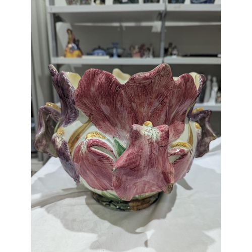 15 - Delphin Massier (Vallauris) majolica flamingo jardiniere stand and an iris jardiniere, circa 1900, p... 