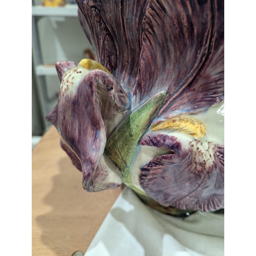 15 - Delphin Massier (Vallauris) majolica flamingo jardiniere stand and an iris jardiniere, circa 1900, p... 