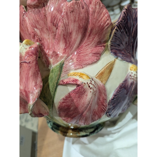 15 - Delphin Massier (Vallauris) majolica flamingo jardiniere stand and an iris jardiniere, circa 1900, p... 