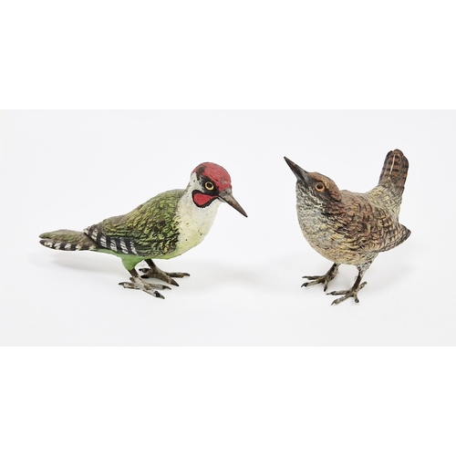 171 - Two Austrian style cold painted bronze models of a woodpecker and a wren, both 7cm high