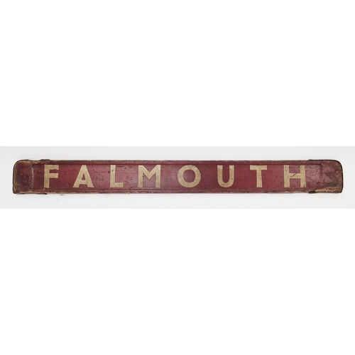 188 - British Rail Railways BR painted double sided wooden carriage board for Falmouth/Truro, 81cm long