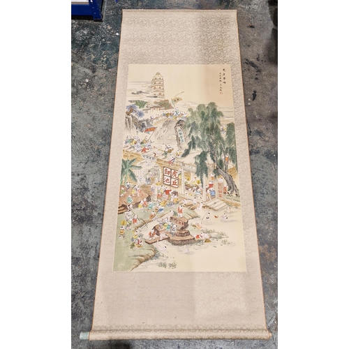 275 - Chinese scroll, 20th century, depicting children in processions and playing on bridges and by a rive... 