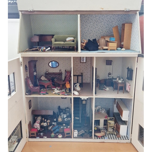 288 - Scratch-built wooden dolls house with two panels opening to front and hinged lift-up roof furnished ... 