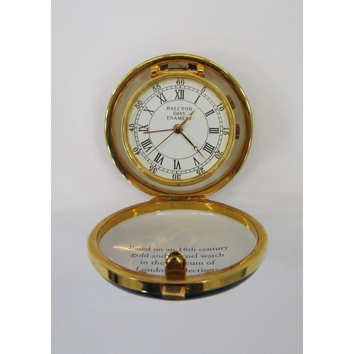 41J - Halcyon Days travelling clock, blue and gold enamel, a similar trinket box, a white lidded pot decor... 