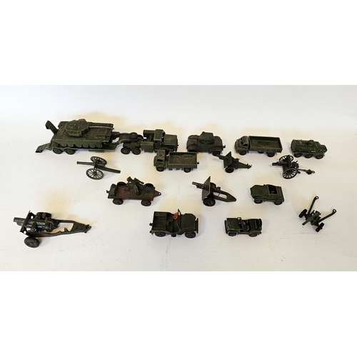 425 - Collection of loose playworn diecast army vehicles and accessories including 7 x Dinky (including Ho... 