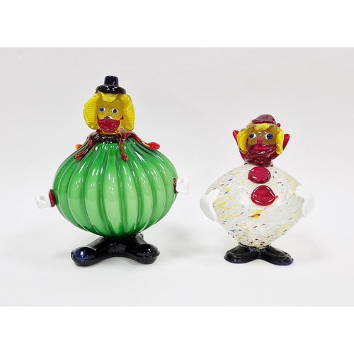 43 - Two Murano glass figures of clowns, one with fluted globular green body, the other speckled in yello... 