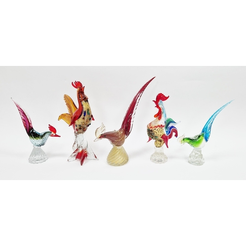 44 - Five Murano-style glass models of birds, comprising: two cockerels and three birds, cockerels or phe... 