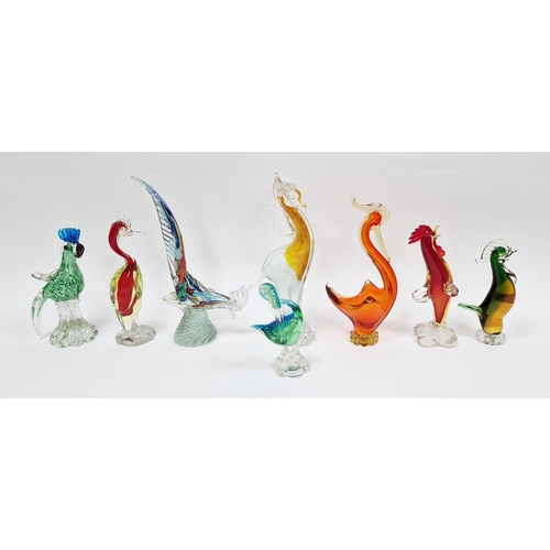 54 - Seven Murano-style glass models of birds and a seahorse, including: cockerels, swan, heron and a mod... 