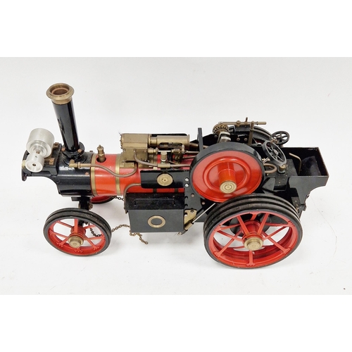 638 - Scratch-built live steam scale model of a traction engine, red and black with a red and white wooden... 