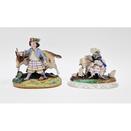 7 - 19th century French biscuit porcelain group of a youth leading a goat, matt-glazed, wearing a plumed... 