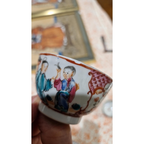 83 - Pair Chinese porcelain tea bowls and three matching saucers, all painted with famille rose colours w... 