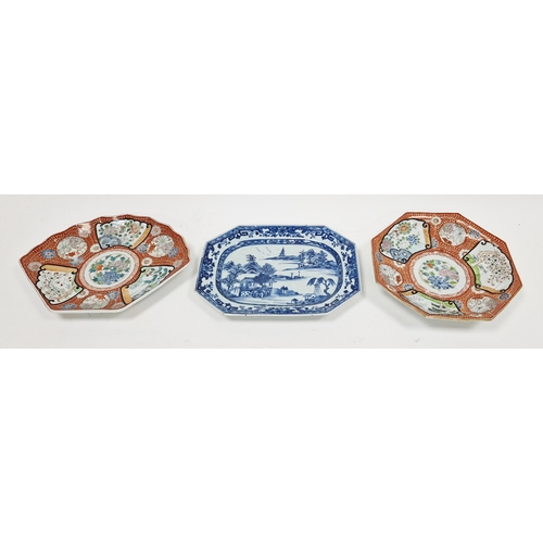 97 - Chinese Export blue and white shaped-rectangular serving-dish and two Japanese Meiji period Kutani d... 