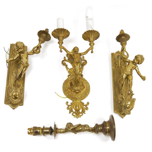 100 - Pair of Brass figural single branch wall lights mounted with putti, 37cm high together with a single... 