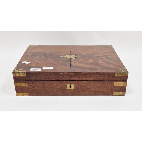 1005 - 19th century mahogany and brass bound cutlery box, the hinged lid opening to an empty space and labe... 