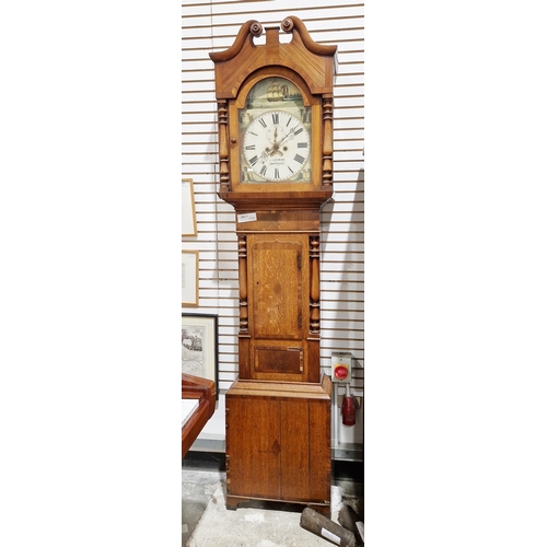 1017A - 19th century mahogany cased longcase clock, the swan neck pediment hood flanked with two half column... 