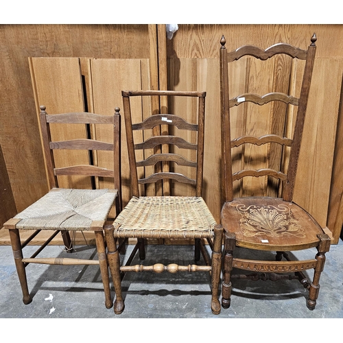 1037 - Collection of ten chairs including an early 20th century high ladderback chair, the panel seat with ... 