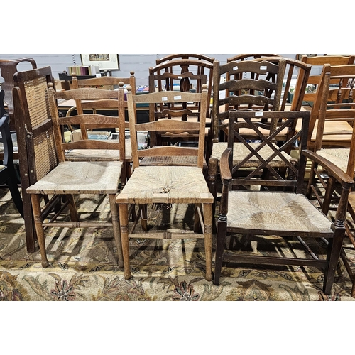 1037 - Collection of ten chairs including an early 20th century high ladderback chair, the panel seat with ... 