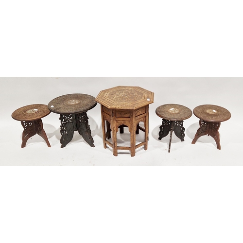 1059 - Anglo-Indian Hoshiapur teak folding table of octagonal form with brass and ebony inlay. 46cm wide x ... 