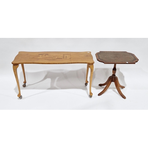 1096 - Mid century continental walnut coffee table, the shaped top with an inlaid scene of a punt on a rive... 