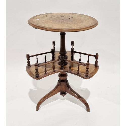 1109 - 19th century walnut two-tier circular whatnot, the second tier with revolving triform shelf with spi... 