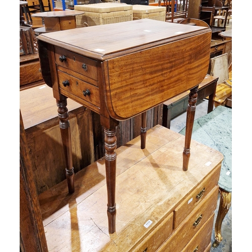 1114 - Victorian mahogany drop-flap worktable, the top with thumbnail moulded edge over two drawers to end ... 