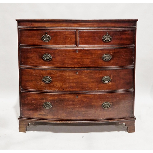 1129 - Early 19th century mahogany bow front chest of two short over three graduating long drawers, the fri... 