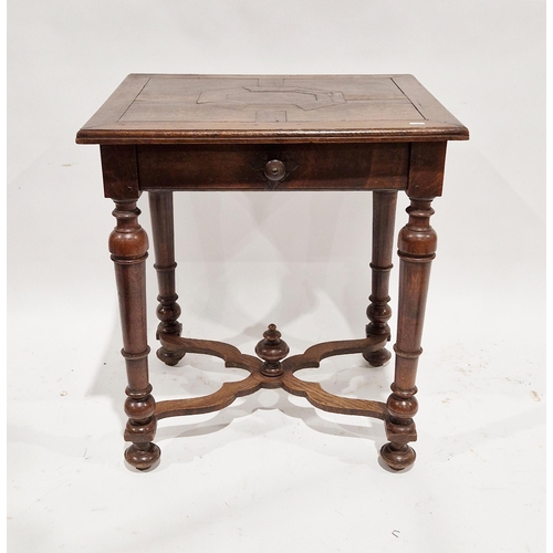 1132 - William and Mary style oak side table, the parquetry veneered top over a single drawer with metal kn... 