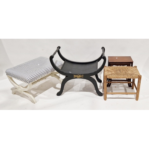 1142 - Collection of three stools including a painted X-frame stool, a white painted dressing stool with bl... 