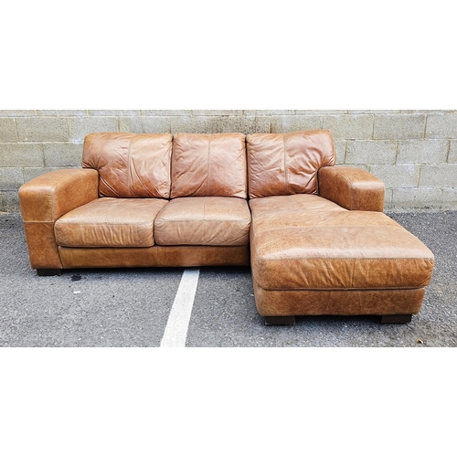 1169 - Contemporary stitched tan brown leather L-shaped three-seater sofa with fixed seat and back cushions... 